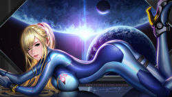 Rule 34 | 1girl, artist name, bad id, bad twitter id, blonde hair, blue bodysuit, blue eyes, bodysuit, breasts, commentary request, gloves, liang xing, lips, long hair, looking at viewer, lying, medium breasts, metroid, mole, mole under mouth, nintendo, on stomach, parted lips, ponytail, reflection, samus aran, shiny skin, sidelocks, signature, simple background, skin tight, smile, solo, zero suit