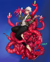 Rule 34 | ambiguous gender, black pants, blue background, chain, commission, food, highres, holding, holding phone, ice cream, long sleeves, monster, necktie, pants, phone, red eyes, shirt, short hair, simple background, slime (substance), tentacle hold, tentacles, toxxy, white hair