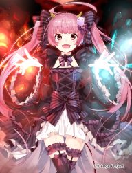Rule 34 | 10s, 1girl, :d, ahoge, ange vierge, bad id, bad pixiv id, bow, brown eyes, dress, frilled dress, frills, gothic lolita, hair bow, hair ornament, hair ribbon, highres, horns, lolita fashion, long hair, looking at viewer, official art, open mouth, pink hair, ribbon, sakuragi ren, smile, solo, sophina, twintails