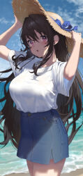 Rule 34 | 1girl, :o, beach, black hair, blue skirt, blush, breasts, commentary request, cowboy shot, day, denim, denim skirt, hands on headwear, hat, highres, large breasts, long hair, looking at viewer, open mouth, original, outdoors, purple eyes, satsuki neko, shirt, shirt tucked in, short sleeves, skirt, straw hat, thighs, water, white shirt