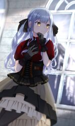 Rule 34 | 1girl, ascot, bang dream!, bang dream! it&#039;s mygo!!!!!, black ascot, black corset, black gloves, black ribbon, blue brooch, blue hair, closed mouth, collared shirt, commentary request, corset, earrings, fukumaru1021, gloves, grey skirt, hair ribbon, hands up, highres, jewelry, outdoors, pantyhose, red shirt, ribbon, shirt, short sleeves, skirt, solo, togawa sakiko, two side up, window, yellow eyes