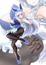 Rule 34 | 1girl, absurdres, alternate costume, animal ears, ass, azur lane, belfast (azur lane), black pantyhose, blue footwear, blue leotard, bow, bowtie, braid, breasts, covered navel, detached collar, fake animal ears, fake tail, french braid, full body, gloves, high heels, highres, huge breasts, koutarou (plusdrive), large breasts, leotard, long hair, maid headdress, pantyhose, playboy bunny, purple eyes, rabbit ears, rabbit tail, solo, standing, standing on one leg, strapless, strapless leotard, tail, traditional bowtie, white gloves, white hair, wrist cuffs, zoom layer