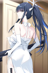 Rule 34 | 1girl, ass, back, bare shoulders, black hair, blue archive, blue eyes, breasts, choker, closed mouth, dress, elbow gloves, gloves, gun, hair ornament, halo, highres, kinona, large breasts, long hair, looking at viewer, looking back, parted lips, revision, rifle, saori (blue archive), saori (dress) (blue archive), solo, weapon, white dress, white gloves
