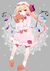Rule 34 | 1girl, :&lt;, absurdres, animal slippers, bear slippers, blonde hair, bow, closed mouth, commentary request, crystal, flandre scarlet, full body, grey background, hair bow, hat, highres, hugging object, long hair, long sleeves, mob cap, nightgown, one side up, pink hat, pink nightgown, red bow, red eyes, slippers, slit pupils, socks, solo, sparkle, stuffed animal, stuffed toy, teddy bear, touhou, white socks, wings, you (noanoamoemoe)