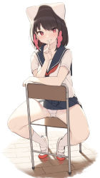 Rule 34 | 1girl, absurdres, blue sailor collar, blue skirt, brown hair, cloba, commentary request, finger to mouth, highres, index finger raised, looking at viewer, multicolored hair, on chair, original, panties, pink hair, player 2 (cloba), red eyes, red footwear, sailor collar, school uniform, serafuku, shoes, short hair, short sleeves, simple background, sitting, sitting backwards, skirt, smile, socks, solo, two-tone footwear, two-tone hair, underwear, uwabaki, white background, white footwear, white panties