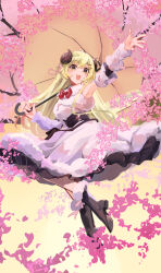 Rule 34 | 1girl, :d, ahoge, armpits, belt pouch, black footwear, black skirt, blonde hair, blush, boots, bow, bowtie, brooch, cherry blossoms, detached sleeves, dress, empire waist, full body, fur-trimmed boots, fur-trimmed dress, fur-trimmed sleeves, fur trim, hair ornament, hairclip, half updo, hand up, highres, hololive, horns, jewelry, long hair, mochiyuki (gigfor1), negative space, open mouth, parasol, pleated skirt, pouch, purple eyes, red bow, red bowtie, sheep horns, short dress, short ponytail, skirt, skirt under dress, sleeveless, sleeveless dress, smile, solo, tsunomaki watame, tsunomaki watame (1st costume), umbrella, underbust, very long hair, virtual youtuber, white dress