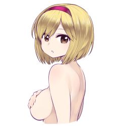 Rule 34 | 10s, 1girl, back, blonde hair, breasts, brown eyes, chan co, covering privates, covering breasts, covering one breast, cropped torso, djeeta (granblue fantasy), female focus, from side, granblue fantasy, hairband, large breasts, looking at viewer, looking back, nude, open mouth, parted lips, short hair, simple background, solo, upper body, white background