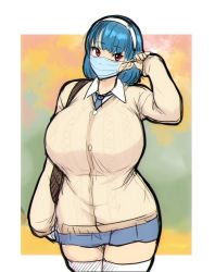 Rule 34 | 1girl, blue hair, breasts, collared shirt, commentary, english commentary, erkaz, headband, highres, huge breasts, looking at viewer, mask, mouth mask, original, red eyes, rina atherina, school uniform, shirt, short hair, skirt, solo, sweater, white headband