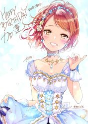 Rule 34 | 1girl, :d, blue dress, blush, breasts, bridal gauntlets, brown eyes, brown hair, character name, choker, cleavage, collarbone, commentary request, dated, dress, earrings, hair ornament, happy birthday, head tilt, highres, houjou karen, idolmaster, idolmaster cinderella girls, jewelry, looking at viewer, matsuzaki miyuki, medium breasts, necklace, open mouth, smile, solo, twitter username, white dress