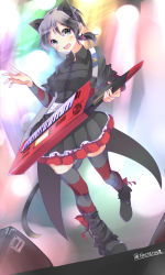 Rule 34 | 1girl, alternate costume, amai nekuta, animal ears, artist name, black hair, blush, cat ears, gothic lolita, green eyes, highres, instrument, keytar, lolita fashion, looking to the side, music, open mouth, playing instrument, sanya v. litvyak, solo, strike witches, striped clothes, striped thighhighs, thighhighs, world witches series, zettai ryouiki