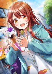 Rule 34 | 1girl, blue jacket, blush, brown hair, collared shirt, dress shirt, food, hair between eyes, highres, hood, hood down, hooded jacket, ice cream, idolmaster, idolmaster shiny colors, jacket, lens flare, long hair, long sleeves, open clothes, open jacket, open mouth, osaki tenka, outdoors, shinishi chiho, shirt, solo, sparkle, straight hair, upper body, white shirt, wing collar, yellow eyes