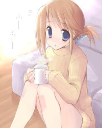 Rule 34 | 00s, 1girl, blue eyes, brown hair, cup, flying sweatdrops, folded ponytail, hair ornament, hairclip, kakifly, komaki manaka, lowres, mug, ribbed sweater, sitting, sleeves past wrists, solo, steam, sweater, to heart (series), to heart 2