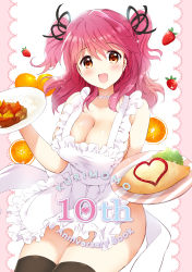 Rule 34 | 1girl, :d, absurdres, akina tsukako, anniversary, apron, black bow, black thighhighs, bow, breasts, cheria barnes, cleavage, curry, food, frilled apron, frills, fruit, hair bow, highres, large breasts, looking at viewer, naked apron, omelet, omurice, open mouth, orange (fruit), orange eyes, pink hair, plate, rice, short hair, smile, solo, strawberry, tales of (series), tales of graces, thighhighs, two side up, white apron