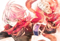 Rule 34 | 10s, 1boy, arm up, armband, bandages, bandaged arm, bandages, clenched hand, concrete revolutio, fire, fire, formal, frown, hitoyoshi jirou, male focus, nameetake, pink hair, scarf, short hair, solo, suit, watch, wristwatch, yellow eyes