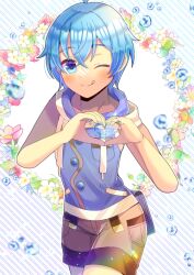 Rule 34 | 1girl, ;q, ahoge, bare arms, blue eyes, blue hair, blue hoodie, brown shorts, closed mouth, collarbone, commentary request, commission, diagonal stripes, floral background, flower, hair between eyes, hands up, heart, heart hands, hood, hood down, hoodie, kou hiyoyo, one eye closed, original, short hair, short shorts, shorts, skeb commission, sleeveless, sleeveless hoodie, smile, solo, striped, striped background, tongue, tongue out, water drop, white background, white flower