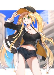 Rule 34 | 1girl, absurdres, adjusting clothes, adjusting headwear, arm up, azur lane, baseball cap, black hat, black jacket, black tail, blonde hair, blue sky, blurry, blurry background, blush, breasts, casual, cleavage, clip studio paint (medium), closed mouth, clothes writing, cloud, collarbone, commentary request, cowboy shot, crop top, day, denim, denim shorts, green eyes, groin, hair between eyes, hat, highres, hornet (azur lane), jacket, jewelry, karla (kimidori3), large breasts, long hair, long sleeves, midriff, navel, necklace, off shoulder, open clothes, open jacket, short shorts, shorts, sidelocks, single bare shoulder, sky, smile, solo, standing, taut clothes, twintails, very long hair, white background