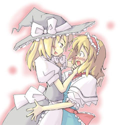 Rule 34 | 2girls, alice margatroid, arnest, blonde hair, blush, female focus, grabbing another&#039;s chin, hand on another&#039;s chin, hat, kirisame marisa, multiple girls, touhou, witch, witch hat, yuri