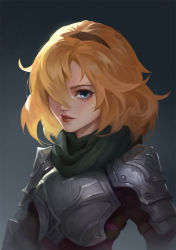 Rule 34 | 1girl, armor, bad id, bad pixiv id, blonde hair, blue eyes, breastplate, brown hairband, character request, closed mouth, eyelashes, gradient background, green scarf, grey background, guardian tales, hair over one eye, hairband, lips, looking at viewer, medium hair, nose, scarf, shoulder armor, solo, upper body, wifc