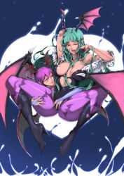Rule 34 | 2girls, animal print, aqua hair, arm up, armpits, bad id, bad pixiv id, bare arms, bare shoulders, bat (animal), bat print, bat wings, black footwear, black leotard, black wings, blue background, boots, breasts, bridal gauntlets, cleavage, clothing cutout, deep skin, demon girl, eyelashes, fangs, green eyes, green hair, hair between breasts, hair between eyes, hand in own hair, hand on another&#039;s thigh, head wings, heart, heart background, heart cutout, high heel boots, high heels, highres, large breasts, leotard, licking lips, lilith aensland, long hair, looking at another, looking at viewer, looking to the side, looking up, low wings, michael.r, michael rain, morrigan aensland, multiple girls, multiple wings, one eye closed, open \m/, open mouth, pantyhose, pink lips, pointy ears, print legwear, purple hair, purple legwear, red eyes, red wings, shiny skin, spread legs, strapless, strapless leotard, tongue, tongue out, vampire (game), wings, yuri