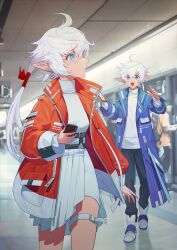 Rule 34 | 1boy, 1girl, adapted costume, ahoge, alisaie leveilleur, allagan tomestone, alphinaud leveilleur, alternate costume, ankle boots, black pants, blue coat, blue eyes, blurry, blurry background, boots, brother and sister, coat, collared jacket, commentary, contemporary, cowboy shot, earclip, elezen, elf, english commentary, final fantasy, final fantasy xiv, hair between eyes, hair ribbon, hands up, highres, holding, holding phone, jacket, long hair, long sleeves, mixed-language commentary, mt (ringofive), open clothes, open coat, open mouth, pants, phone, pocket, pointy ears, ponytail, red jacket, ribbon, shirt, siblings, signature, sweater, thigh strap, train station, turtleneck, turtleneck sweater, twins, walking, white footwear, white hair, white shirt, white sweater, wide-eyed, zipper, zipper pull tab