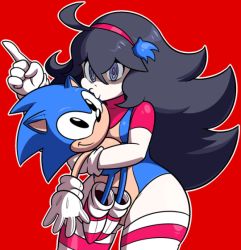 Rule 34 | 1girl, coonstito, creatures (company), curvy, female focus, game freak, hedgehog, hex maniac (pokemon), jewelry, kiss, leotard, long hair, looking at viewer, nintendo, npc trainer, pokemon, pokemon xy, shiny skin, shoes, smile, solo, sonic (series), sonic the hedgehog, standing