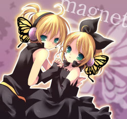 Rule 34 | 1boy, 1girl, ahoge, blonde hair, brother and sister, butterfly wings, green eyes, hair ornament, hair ribbon, hairclip, headphones, hetero, holding hands, insect wings, kagamine len, kagamine rin, kosuzume, magnet (vocaloid), ribbon, short hair, siblings, twins, vocaloid, wings