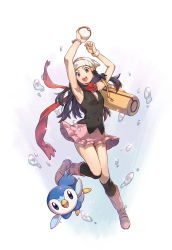 Rule 34 | 1girl, :d, absurdres, bag, beanie, black hair, black shirt, black socks, boots, bracelet, bubble, commentary request, creatures (company), dawn (pokemon), duffel bag, floating scarf, game freak, gen 4 pokemon, grey eyes, hair ornament, hairclip, hat, highres, holding, holding poke ball, jewelry, kneehighs, knees together feet apart, leg up, long hair, md5 mismatch, nintendo, open mouth, pink footwear, pink skirt, piplup, poke ball, poke ball (basic), poke ball print, pokemon, pokemon (creature), pokemon dppt, poketch, red scarf, rekari (rekari628), resolution mismatch, scarf, shirt, skirt, sleeveless, sleeveless shirt, smile, socks, source larger, sparkle, teeth, tongue, upper teeth only, watch, white headwear, wristwatch, yellow bag