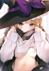 Rule 34 | 1girl, absurdres, black hat, black scarf, blonde hair, blush, bow, breasts, breasts out, closed mouth, clothes lift, eyelashes, female focus, hat, hat bow, hat ribbon, highres, inverted nipples, ke-ta, kirisame marisa, lifting own clothes, long hair, long sleeves, nipples, no bra, ribbon, scarf, shirt, shirt lift, small breasts, solo, solo focus, sweater, sweater lift, tagme, touhou, undressing, very long hair, white shirt, witch, witch hat, yellow eyes