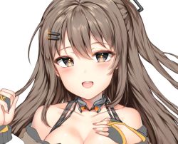 Rule 34 | 1girl, bad id, bad twitter id, bare shoulders, blush, breasts, brown eyes, brown hair, cleavage, collarbone, fingerless gloves, girls&#039; frontline, gloves, hair ornament, hairclip, hand on own chest, hand up, jacket, k2 (girls&#039; frontline), long hair, looking at viewer, medium breasts, off shoulder, open mouth, sidelocks, simple background, smile, solo, tareme, teeth, unfinished, upper body, upper teeth only, zerocat