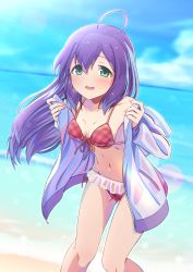 Rule 34 | 1girl, absurdres, ahoge, bikini, blue sky, blush, breasts, cleavage, cloud, day, floating hair, frilled bikini, frilled bikini, frills, front-tie bikini top, front-tie top, green eyes, grey jacket, hair between eyes, highres, hood, hood down, hooded jacket, idolmaster, idolmaster million live!, jacket, kuro kinkan, lens flare, long hair, mochizuki anna, ocean, open clothes, open jacket, open mouth, outdoors, plaid, plaid bikini, purple hair, red bikini, red ribbon, ribbon, side-tie bikini bottom, sky, small breasts, solo, standing, swimsuit, very long hair