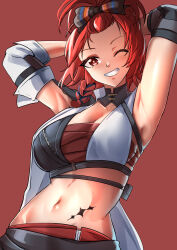 Rule 34 | 1girl, armpits, arms behind head, arms up, bangs pinned back, blue hair, bow, braid, breasts, chest sarashi, chixia (wuthering waves), cleavage, clothes around waist, collarbone, commentary, cowboy shot, crop top, detached collar, detached sleeves, elbow pads, grin, groin, hair bow, highres, looking at viewer, medium breasts, medium hair, midriff, multicolored hair, navel, one eye closed, presenting armpit, red background, red eyes, red hair, red skirt, sa9x9, sarashi, shirt, shirt around waist, sidelocks, simple background, single detached sleeve, single elbow pad, single sleeve, skirt, smile, solo, standing, stomach tattoo, tacet mark (wuthering waves), tattoo, teeth, two-tone hair, underbust, white shirt, wuthering waves