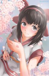 Rule 34 | 1girl, ainu clothes, artist name, blush, breasts, brown eyes, brown hair, hair ribbon, hand on own hip, highres, large breasts, long hair, looking at viewer, nakoruru, ribbon, samurai spirits, sitting, smile, snk, solo, the king of fighters