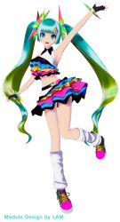 Rule 34 | 1girl, 3d, alpha transparency, aqua hair, armpits, artist name, black gloves, black skirt, blue skirt, boots, crop top, female focus, frills, full body, gloves, green hair, hair ornament, hatsune miku, kneehighs, knees, lam (ramdayo), long hair, looking at viewer, midriff, miniskirt, multicolored clothes, multicolored footwear, multicolored hair, official art, pink footwear, project diva (series), shirt, simple background, skirt, sleeveless, sleeveless shirt, socks, solo, standing, standing on one leg, thighs, twintails, very long hair, vocaloid, white background, white socks