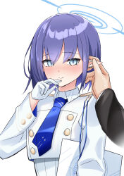 Rule 34 | 1boy, 1girl, absurdres, aoi (blue archive), blue archive, blue eyes, blue hair, blue necktie, blush, buttons, closed mouth, collared jacket, collared shirt, cropped jacket, earclip, epaulettes, gloves, halo, hand on another&#039;s ear, highres, jacket, kuromiz, long sleeves, looking at viewer, mole, mole under eye, necktie, pointy ears, sensei (blue archive), shirt, short hair, solo focus, white gloves, white jacket