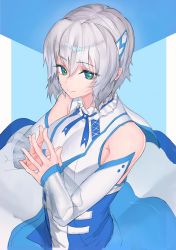 Rule 34 | 1girl, bare shoulders, blouse, blue background, blue dress, breasts, dress, green eyes, hair between eyes, hair ornament, hairclip, highres, looking at viewer, original, panko (drive co), ribbon, scarf, shirt, short hair, silver hair, smile, solo