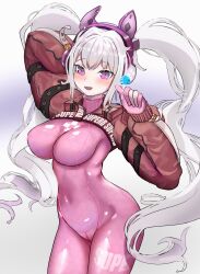 Rule 34 | 1girl, :d, alice (nikke), animal ear headphones, arm behind head, blush, bodysuit, breasts, candy, covered navel, cropped jacket, fake animal ears, food, gloves, goddess of victory: nikke, grey hair, hair between eyes, headphones, headset, holding, holding candy, holding lollipop, impossible bodysuit, impossible clothes, jacket, kaizze, large breasts, latex, latex bodysuit, lollipop, long hair, open mouth, pink bodysuit, pink eyes, pink gloves, red jacket, sidelocks, skin tight, smile, solo, twintails