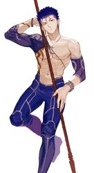 Rule 34 | 1boy, abs, arm tattoo, baragi, blue hair, bracelet, closed mouth, crescent, crescent necklace, cu chulainn (fate), earrings, fate (series), fingernails, highres, holding, holding polearm, holding weapon, jewelry, male focus, navel, necklace, nipples, pectorals, polearm, red eyes, short hair, shoulder tattoo, simple background, single sleeve, solo, tattoo, topless male, weapon, white background