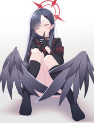 Rule 34 | 1girl, absurdres, armband, black gloves, black hair, black socks, black wings, blue archive, closed eyes, finger to mouth, gloves, hair ornament, hairclip, halo, highres, ichika (blue archive), kneehighs, knees up, long hair, long sleeves, looking at viewer, midorino eni, red armband, safety pin, sidelocks, sitting, smile, socks, solo, white background, wings