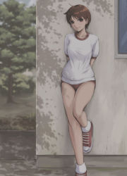 Rule 34 | 1girl, absurdres, against wall, arms behind back, breasts, brown eyes, brown hair, buruma, closed mouth, collarbone, commentary, day, gym uniform, highres, kasugano sakura, leg up, lips, looking at viewer, medium breasts, outdoors, red buruma, shadow, shoes, short hair, short sleeves, simple background, sneakers, solo, street fighter, street fighter zero (series), thighs, tree, tyanoki