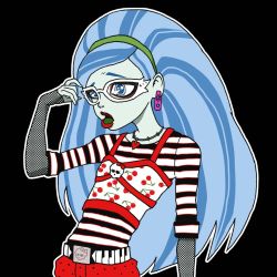 Rule 34 | 1girl, artist request, blue eyes, blue hair, blue skin, colored skin, earrings, female focus, ghoulia yelps, glasses, jewelry, matching hair/eyes, md5 mismatch, monster high, necklace, simple background, solo, zombie