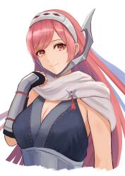 Rule 34 | 1girl, arm armor, armor, black gloves, breasts, cherche (fire emblem), cherche (ninja) (fire emblem), cleavage, closed mouth, elbow gloves, fingerless gloves, fire emblem, fire emblem awakening, fire emblem heroes, gloves, highres, japanese armor, labebebe lee, large breasts, long hair, looking at viewer, medium breasts, ninja, nintendo, official alternate costume, pink eyes, pink hair, scarf, sleeveless, solo, white background, white scarf