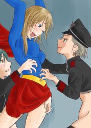 Rule 34 | 3girls, arms up, blonde hair, blue eyes, blush, bottomless, cape, chaarii, covered erect nipples, dc comics, earrings, hat, highres, jewelry, lipstick, looking at another, makeup, multiple girls, pleated skirt, pussy juice, saliva, shaking, skirt, supergirl, sweat, tickling, tickling legs, tickling sides, tickling stomach, yellow eyes
