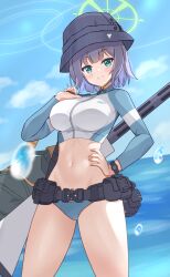 Rule 34 | 1girl, absurdres, belt, bikini, bikini bottom only, blue archive, blush, bodysuit, breasts, bucket hat, chin strap, cowboy shot, crop top, day, diving suit, green eyes, grey hair, groin, halo, hand on own hip, hat, highres, large breasts, long sleeves, looking at viewer, navel, ocean, outdoors, raimu (clanberry000), saki (blue archive), saki (swimsuit) (blue archive), short hair, sky, smile, solo, swimsuit, utility belt, watch, water, wetsuit, wristwatch