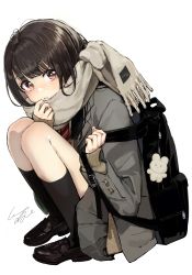Rule 34 | 1girl, absurdres, backpack, bag, bag charm, black footwear, black hair, black socks, blazer, blush, brown eyes, brown sweater, charm (object), commentary request, diagonal-striped clothes, diagonal-striped necktie, enpera, fringe trim, full body, grey jacket, grey scarf, grey skirt, hand up, hands up, highres, holding strap, jacket, knees up, loafers, long hair, long sleeves, looking at viewer, necktie, original, parted lips, pleated skirt, pomu (joynet), scarf, school uniform, shoes, signature, simple background, skirt, sleeves past wrists, socks, solo, squatting, striped clothes, striped necktie, striped neckwear, sweater, white background