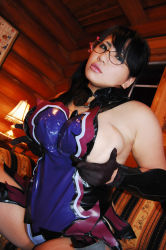Rule 34 | 1girl, asian, black hair, breast lift, breasts, cattleya (queen&#039;s blade), cattleya (queen&#039;s blade) (cosplay), chouzuki maryou, cosplay, flower, glasses, green eyes, hip focus, large breasts, photo (medium), plump, ponytail, queen&#039;s blade, solo, thick thighs, thighs, wide hips