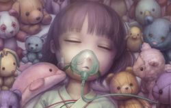 Rule 34 | 1girl, brown hair, daiyou-uonome, closed eyes, hospital gown, mask, mouth mask, original, oxygen mask, short hair, sleeping, solo, stuffed animal, stuffed bird, stuffed rabbit, stuffed dog, stuffed dolphin, stuffed toy, tape, teddy bear, tube, wire