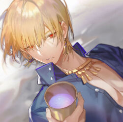 Rule 34 | 1boy, blonde hair, blue shirt, collared shirt, cup, earrings, fate/grand order, fate (series), gilgamesh, gilgamesh (caster) (fate), gilgamesh (establishment) (fate), gilgamesh (fate), holding, holding cup, jewelry, k7 (kk7 000), looking at viewer, male focus, necklace, on ground, open clothes, open shirt, parted lips, red eyes, shirt, short hair, solo