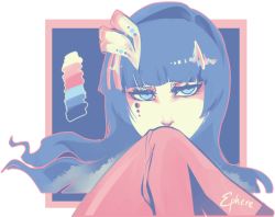Rule 34 | 1girl, arrancar, artist name, bleach, blue eyes, blue hair, blunt bangs, covering own mouth, cyan sung-sun, ephere, expressionless, facial mark, long hair, matching hair/eyes, sleeves past wrists, solo