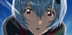 Rule 34 | 1girl, ayanami rei, bad id, bad pixiv id, blue-haired boy (how to draw manga), blue eyes, blue sky, chromatic aberration, commentary, evangelion: 3.0+1.0 thrice upon a time, hair between eyes, highres, interface headset, looking at viewer, neon genesis evangelion, plugsuit, portrait, rebuild of evangelion, red hair, sky, solo, upper body, verse