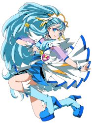 Rule 34 | 1girl, absurdres, blue eyes, blue footwear, blue hair, boots, closed mouth, cure ange, dress, earrings, ebura din, eyelashes, full body, hair ornament, high heel boots, high heels, highres, hugtto! precure, jewelry, knee boots, long hair, precure, see-through, see-through sleeves, short dress, smile, solo, very long hair